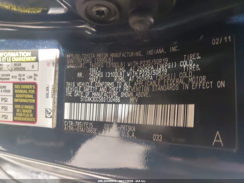 2011 Toyota Sienna VIN 5TDXK3DC5BS130466 IAAI salvage auction — FRONT END, Clear (Indiana), sold $1,300 on 2026-07-24 (photo 9)