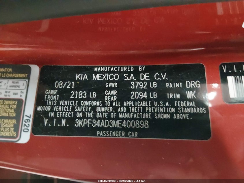 2021 Kia Forte VIN 3KPF34AD3ME400898 IAAI salvage auction — FRONT & REAR, Salvage (Minnesota), sold $1,650 on 2026-08-29 (photo 9)