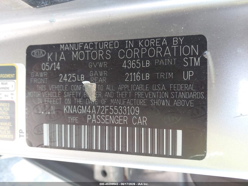 2015 Kia Optima VIN KNAGM4A72F5533109 IAAI salvage auction — FRONT END, Salvage (Ohio), sold $750 on 2026-07-06 (photo 9)
