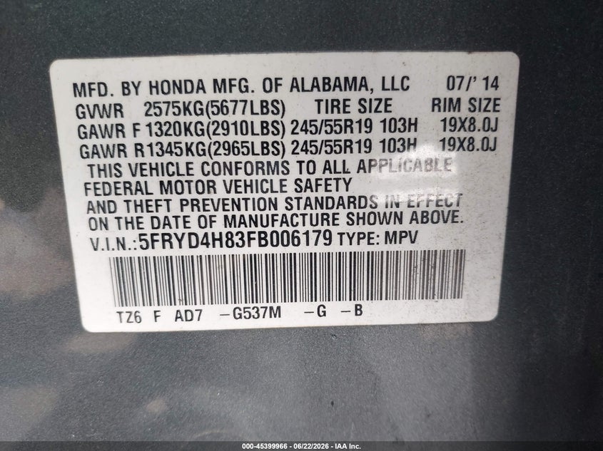 2015 Acura Mdx VIN 5FRYD4H83FB006179 IAAI salvage auction — FRONT END, Salvage (North Carolina), sold $2,650 on 2026-07-09 (photo 9)