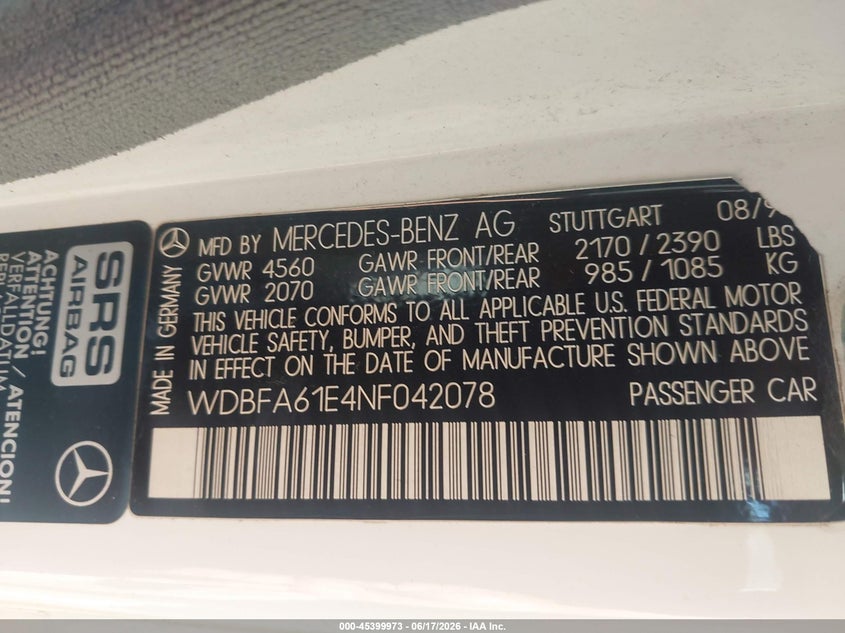 1992 Mercedes-benz 300 VIN WDBFA61E4NF042078 IAAI salvage auction — HAIL, Salvage (Ohio), sold $1,150 on 2026-07-21 (photo 9)
