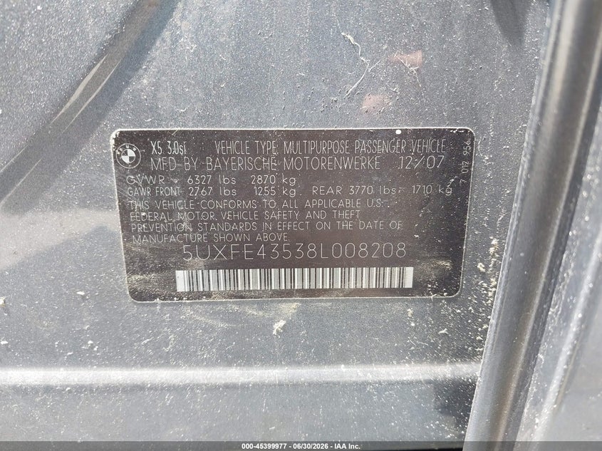 2008 BMW X5 VIN 5UXFE43538L008208 IAAI salvage auction — FRONT END, Nrc Lienholder Repossession Paperwork (New Hampshire), sold $300 on 2026-07-15 (photo 9)