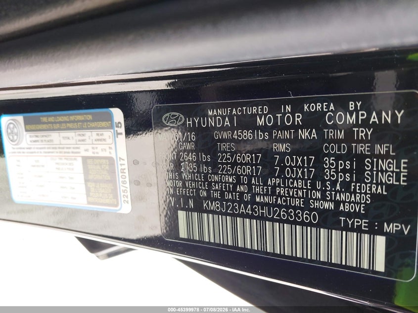2017 Hyundai Tucson VIN KM8J23A43HU263360 IAAI salvage auction — NORMAL WEAR, Clear (Indiana), sold $2,675 on 2026-07-21 (photo 9)