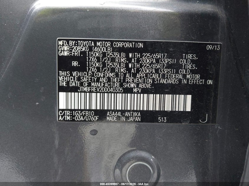 2013 Toyota Rav 4 VIN JTMBFREV2DD040305 IAAI salvage auction — FRONT END, Bill Of Sale (Washington), sold $1,600 on 2026-07-15 (photo 9)