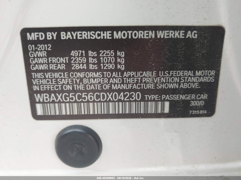 2012 BMW 5er VIN WBAXG5C56CDX04230 IAAI salvage auction — NORMAL WEAR, Clear-Dealer Only (North Carolina), sold $550 on 2026-07-28 (photo 9)