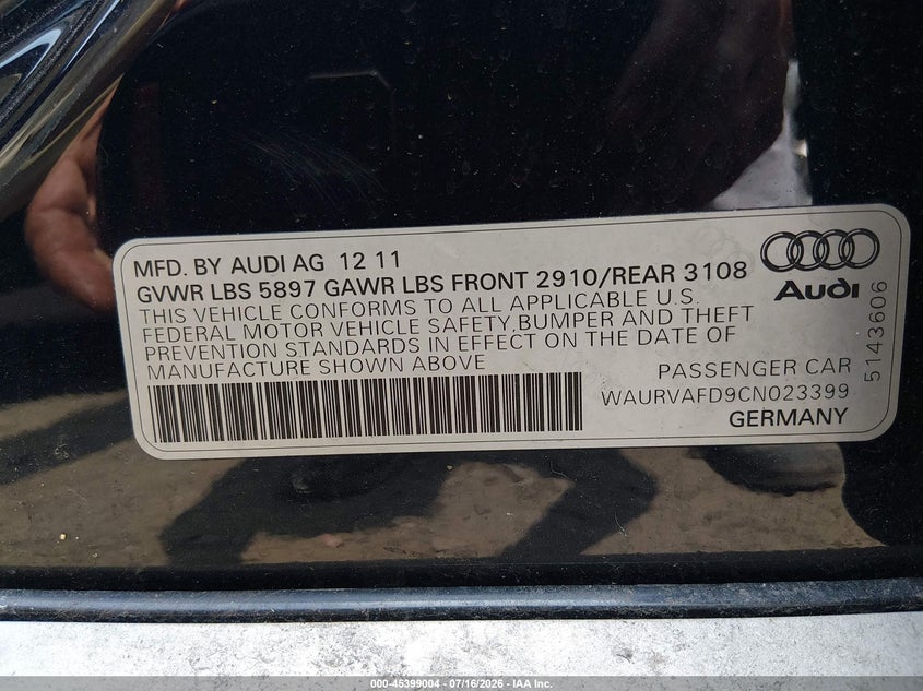 2012 Audi A8 VIN WAURVAFD9CN023399 IAAI salvage auction — REAR END, Clear (Massachusetts), sold $875 on 2026-08-02 (photo 9)