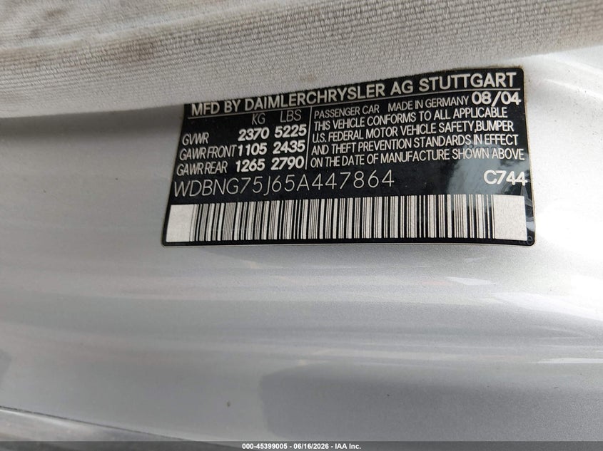 2005 Mercedes-benz S class VIN WDBNG75J65A447864 IAAI salvage auction — SUSPENSION, Clear (South Carolina), sold $350 on 2026-07-29 (photo 9)