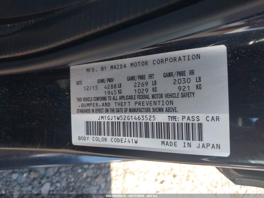 2016 Mazda VIN JM1GJ1W52G1463525 IAAI salvage auction — LEFT SIDE, Mv-907A (New York), sold $1,900 on 2026-07-14 (photo 9)