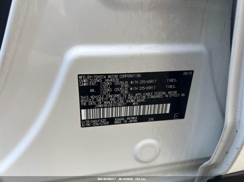 2015 Toyota Rav 4 VIN JTMRFREVXFD138077 IAAI salvage auction — NORMAL WEAR, Original (Maine), sold $7,900 on 2026-07-15 (photo 9)