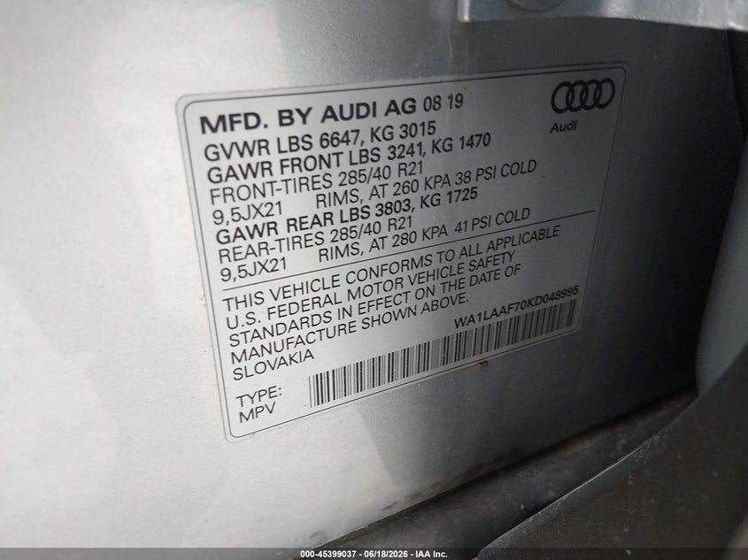 2019 Audi Q7 VIN WA1LAAF70KD048995 IAAI salvage auction — FRONT END, Salvage Title, sold $3,050 on 2026-07-23 (photo 9)