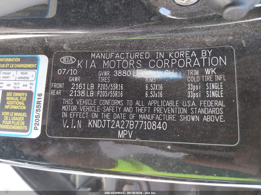 2011 Kia Soul VIN KNDJT2A27B7710840 IAAI salvage auction — TRANSMISSION, Salvage (Arizona), sold $275 on 2026-07-30 (photo 9)