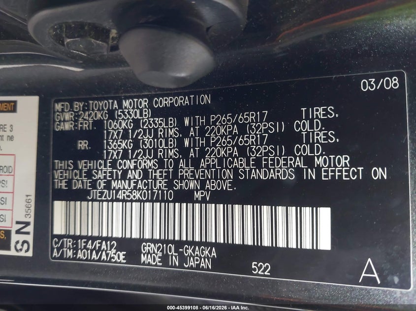 2008 Toyota 4runner VIN JTEZU14R58K017110 IAAI salvage auction — RIGHT REAR, Bill Of Sale (Washington), sold $1,750 on 2026-07-15 (photo 9)
