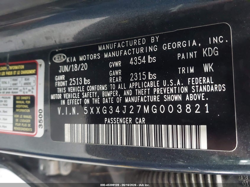 2021 Kia K5 VIN 5XXG34J27MG003821 IAAI salvage auction — NORMAL WEAR, Clear (Florida), sold $3,900 on 2026-07-08 (photo 9)