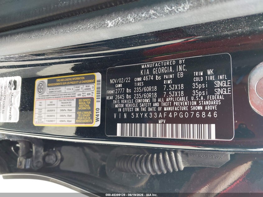 2023 Kia Sportage VIN 5XYK33AF4PG076846 IAAI salvage auction — HAIL, Salvage Title, sold $25 on 2026-07-30 (photo 9)