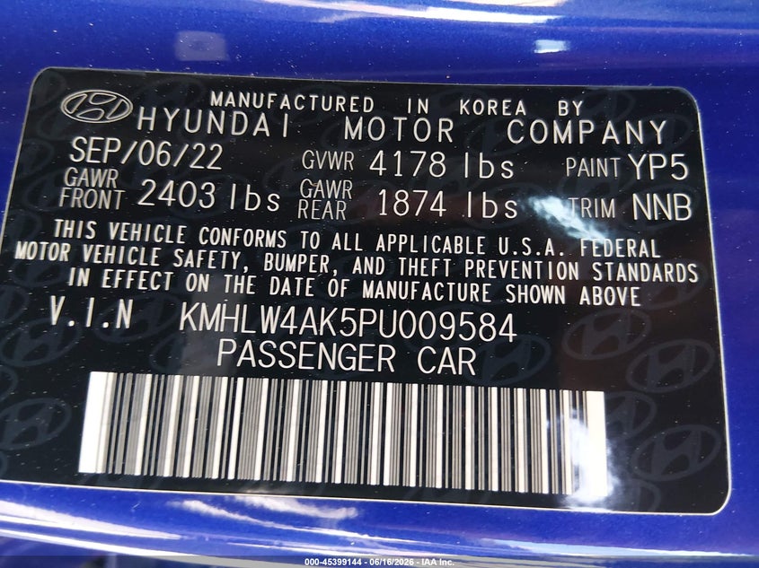 2023 Hyundai Elantra n VIN KMHLW4AK5PU009584 IAAI salvage auction — RIGHT SIDE, Salvage (Nevada), sold $9,400 on 2026-07-24 (photo 9)