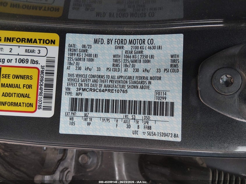 2023 Ford Bronco sport VIN 3FMCR9C64PRE10765 IAAI salvage auction — HAIL, Salvage Title, sold $12,200 on 2026-07-24 (photo 9)