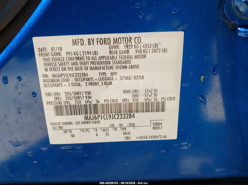 2018 Ford Ecosport VIN MAJ6P1CL9JC233284 IAAI salvage auction — REAR END, Salvage (Ohio), sold $3,650 on 2026-07-06 (photo 9)