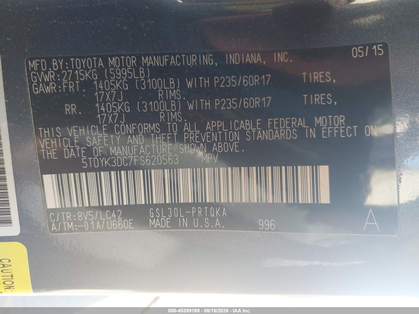 2015 Toyota Sienna VIN 5TDYK3DC7FS620563 IAAI salvage auction — SIDE, Salvage (California), sold $4,900 on 2026-07-10 (photo 9)