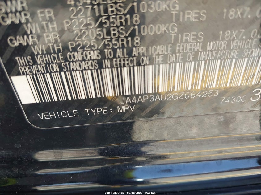2016 Mitsubishi Outlander VIN JA4AP3AU2GZ064253 IAAI salvage auction — FRONT END, Salvage (California), sold $900 on 2026-07-14 (photo 9)