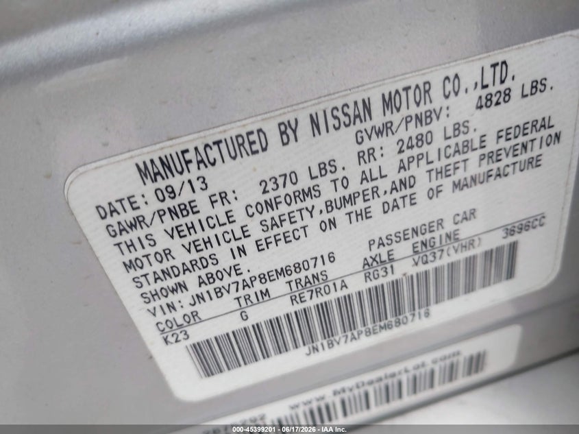 2014 Infiniti Q50 VIN JN1BV7AP8EM680716 IAAI salvage auction — UNKNOWN, Salvage (Texas), sold $825 on 2026-07-22 (photo 9)