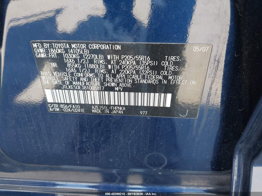 2008 Scion Xb VIN JTLKE50E381008817 IAAI salvage auction — NORMAL WEAR, App For Dup Clear (California), sold $350 on 2026-07-20 (photo 9)