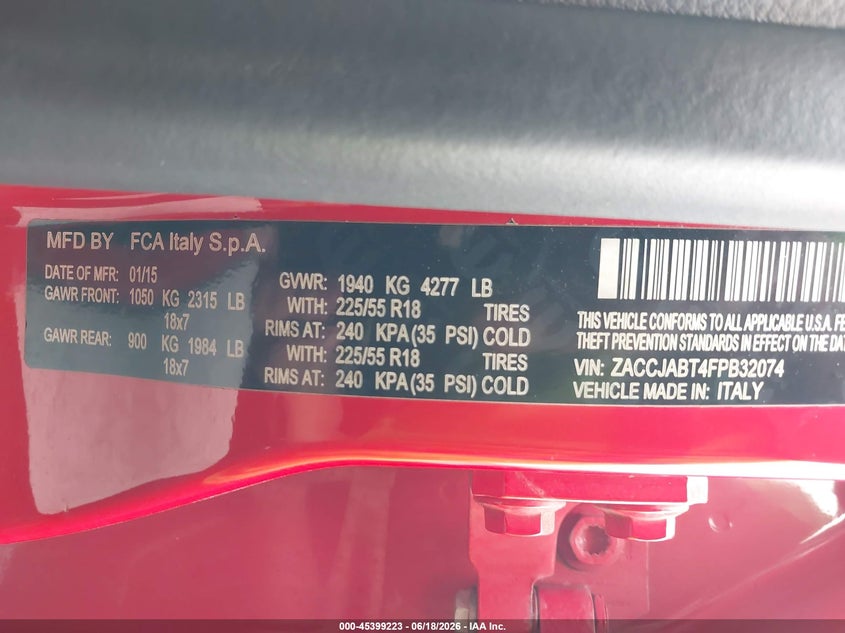 2015 Jeep Renegade VIN ZACCJABT4FPB32074 IAAI salvage auction — LEFT REAR, Salvage Title, sold $1,800 on 2026-08-19 (photo 9)