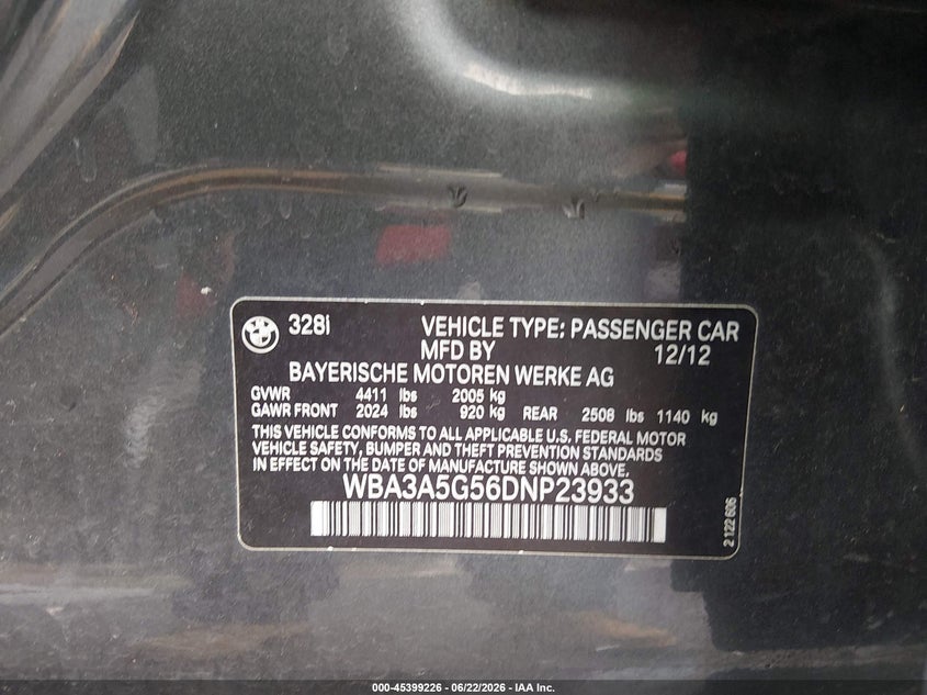 2013 BMW VIN WBA3A5G56DNP23933 IAAI salvage auction — RIGHT FRONT, Salvage (Missouri), sold $925 on 2026-08-04 (photo 9)