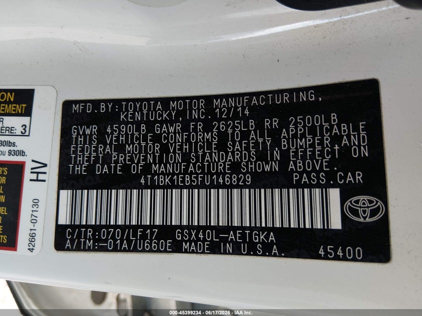 2015 Toyota Avalon VIN 4T1BK1EB5FU146829 IAAI salvage auction — REAR END, Salvage (Illinois), sold $2,600 on 2026-08-01 (photo 8)