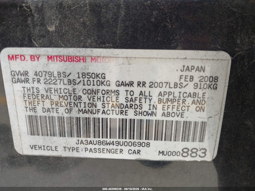 2009 Mitsubishi Lancer VIN JA3AU86W49U006908 IAAI salvage auction — NORMAL WEAR, Clear (Indiana), sold $275 on 2026-07-30 (photo 9)