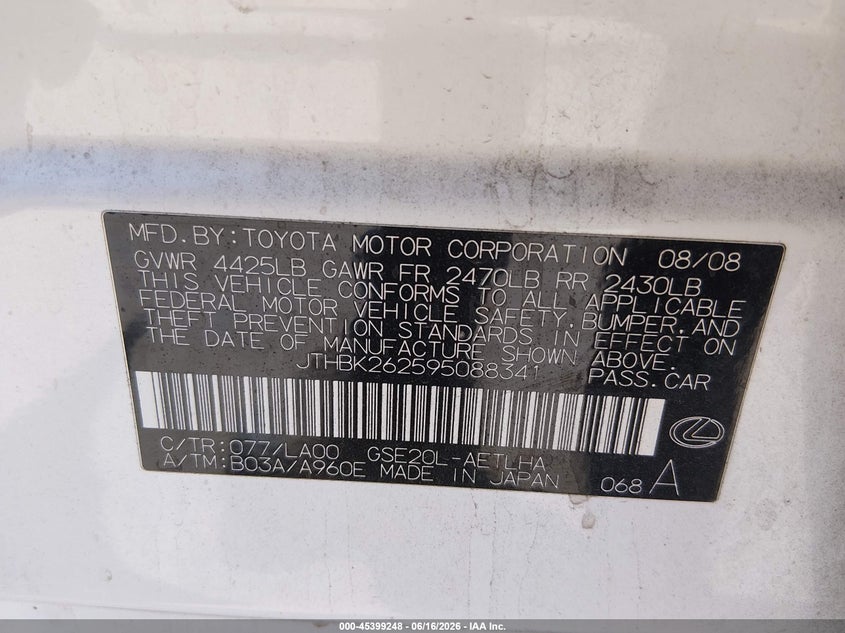 2009 Lexus Is 250 VIN JTHBK262595088341 IAAI salvage auction — LEFT FRONT, Salvage (California), sold $375 on 2026-07-22 (photo 9)