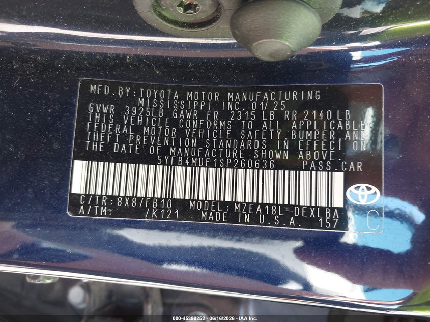 2025 Toyota Corolla VIN 5YFB4MDE1SP260636 IAAI salvage auction — FRONT END, Salvage (Ohio), sold $4,900 on 2026-07-30 (photo 9)