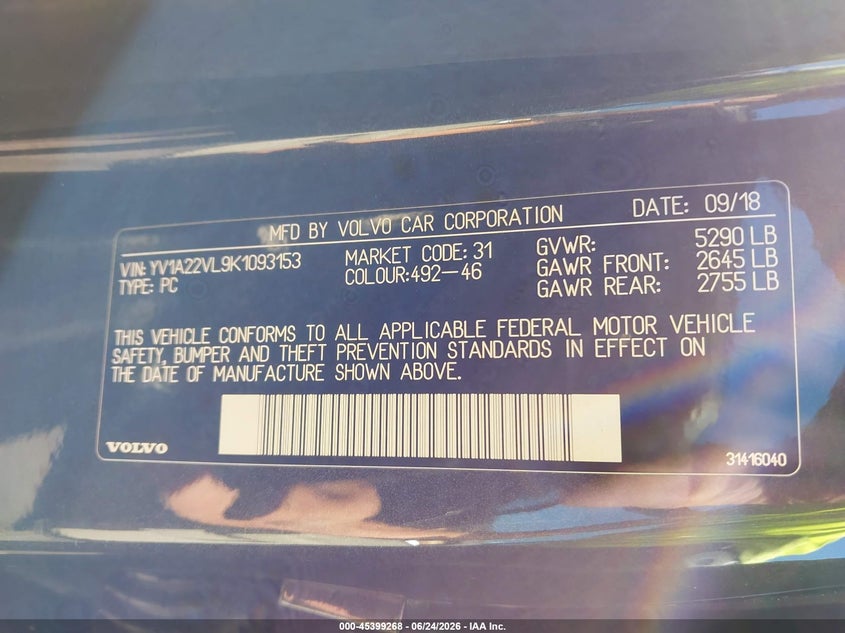 2019 Volvo V90 VIN YV1A22VL9K1093153 IAAI salvage auction — FRONT END, Salvage (Virginia), sold $12,175 on 2026-07-07 (photo 9)