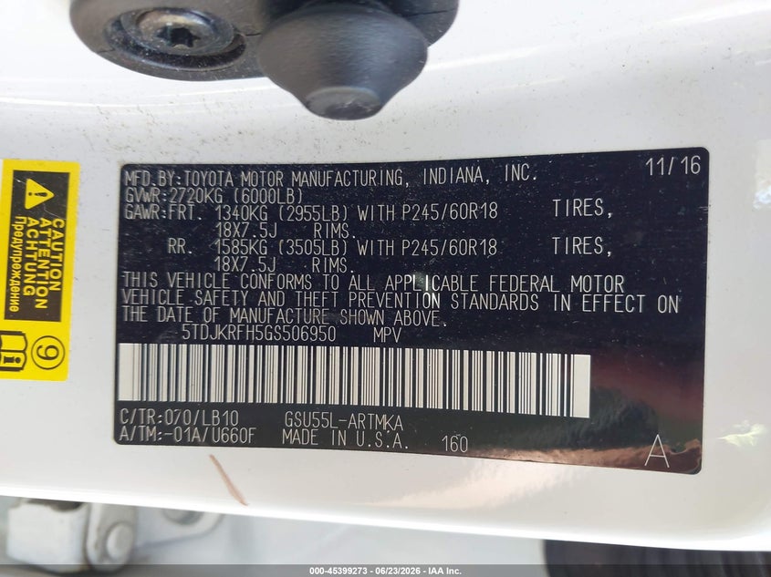 2016 Toyota Highlander VIN 5TDJKRFH5GS506950 IAAI salvage auction — REAR END, Salvage (Pennsylvania), sold $6,600 on 2026-07-21 (photo 9)