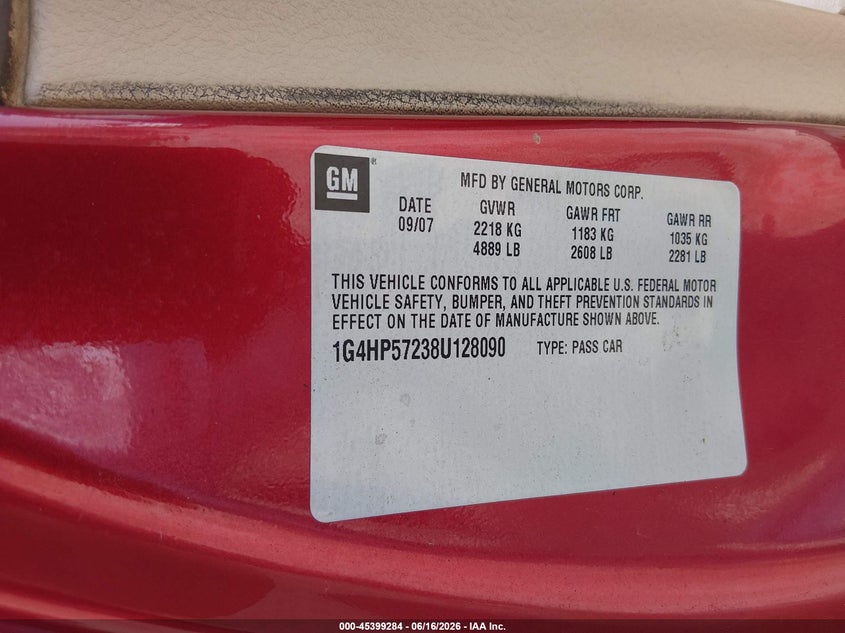2008 Buick Lucerne VIN 1G4HP57238U128090 IAAI salvage auction — HAIL, Salvage (Kansas), sold $525 on 2026-08-28 (photo 9)