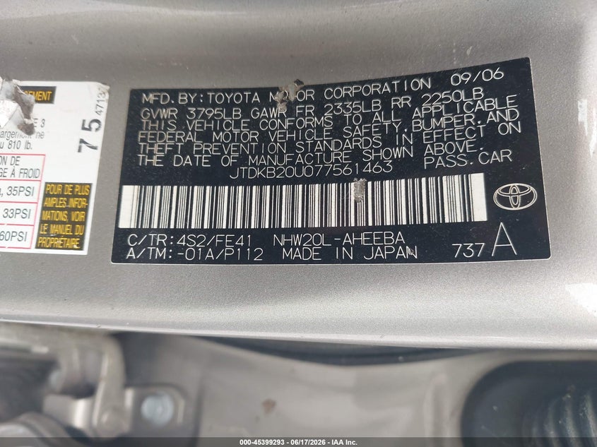 2007 Toyota Prius VIN JTDKB20U077561463 IAAI salvage auction — FRONT END, Clear (Idaho), sold $1,500 on 2026-07-19 (photo 9)