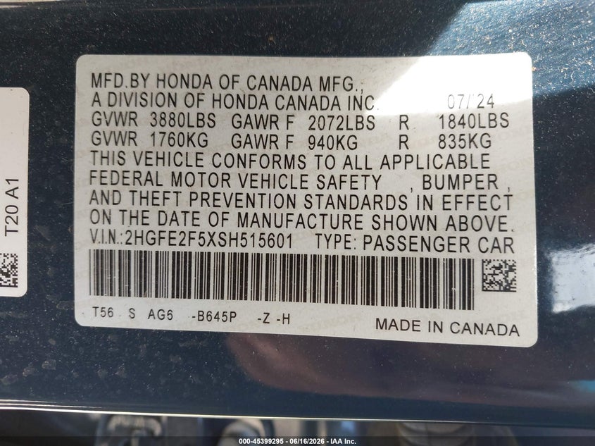 2025 Honda Civic VIN 2HGFE2F5XSH515601 IAAI salvage auction — FRONT END, Salvage Title, sold $7,900 on 2026-07-31 (photo 9)
