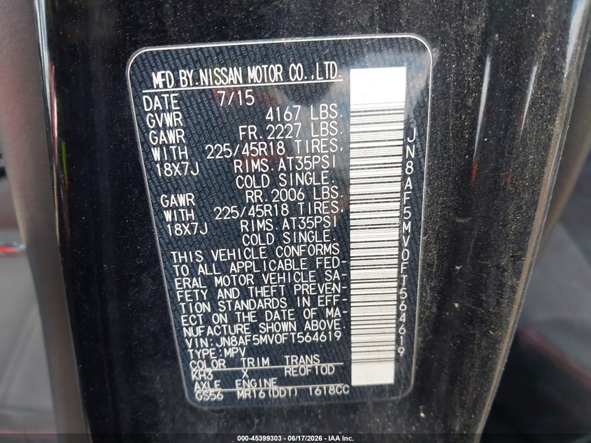2015 Nissan Juke VIN JN8AF5MV0FT564619 IAAI salvage auction — RIGHT FRONT, Original (Texas), sold $1,050 on 2026-07-29 (photo 9)