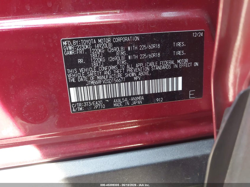 2025 Toyota Rav 4 VIN JTMB6RFV0SD156677 IAAI salvage auction — FRONT END, Salvage Title, sold $10,800 on 2026-07-22 (photo 9)