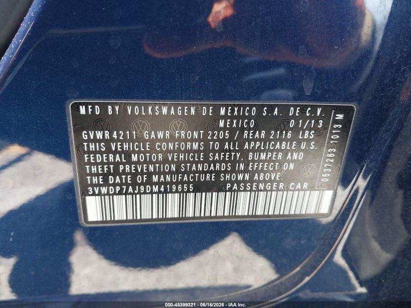 2013 Volkswagen Jetta VIN 3VWDP7AJ9DM419655 IAAI salvage auction — REAR END, Salvage Title, sold $850 on 2026-07-10 (photo 9)