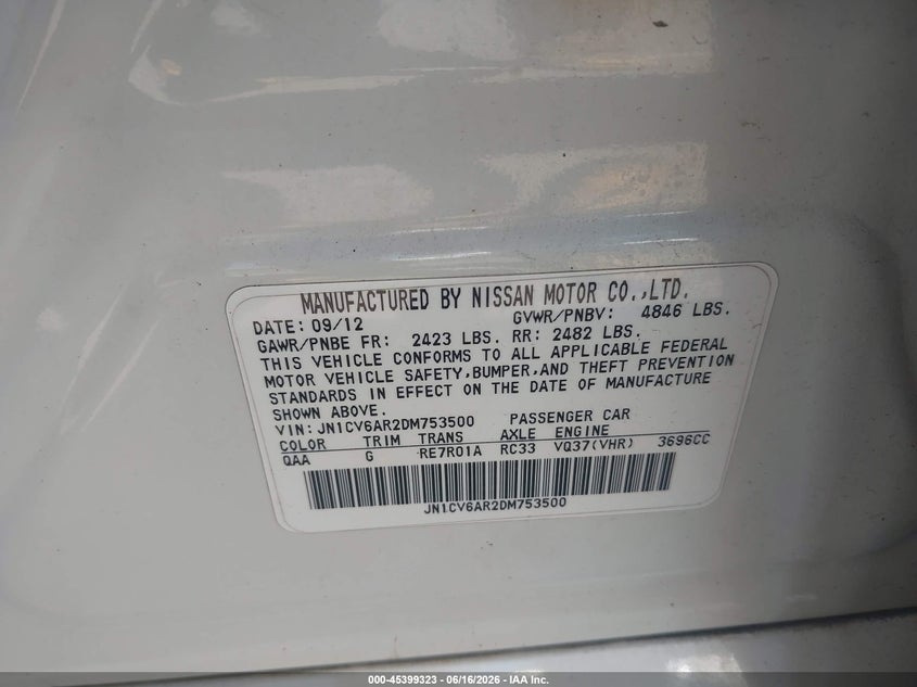 2013 Infiniti G VIN JN1CV6AR2DM753500 IAAI salvage auction — FRONT END, Salvage Title, sold $25 on 2026-07-27 (photo 9)