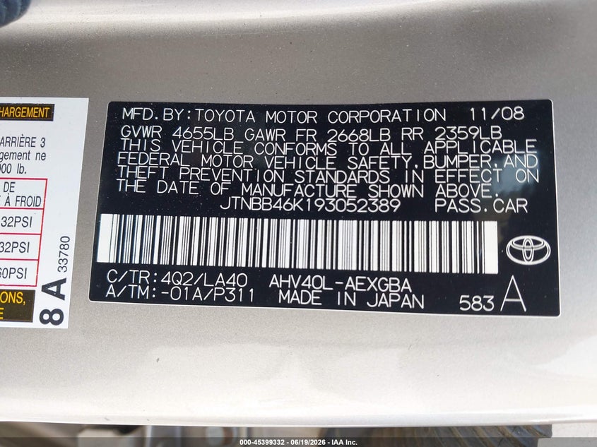 2009 Toyota Camry VIN JTNBB46K193052389 IAAI salvage auction — REAR END, Salvage (Georgia), sold $275 on 2026-07-22 (photo 9)