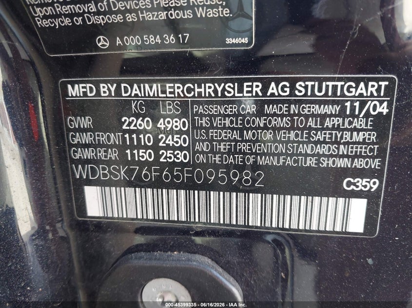 2005 Mercedes-benz Sl-class VIN WDBSK76F65F095982 IAAI salvage auction — NORMAL WEAR, Clear (Missouri), sold $2,625 on 2026-07-28 (photo 9)