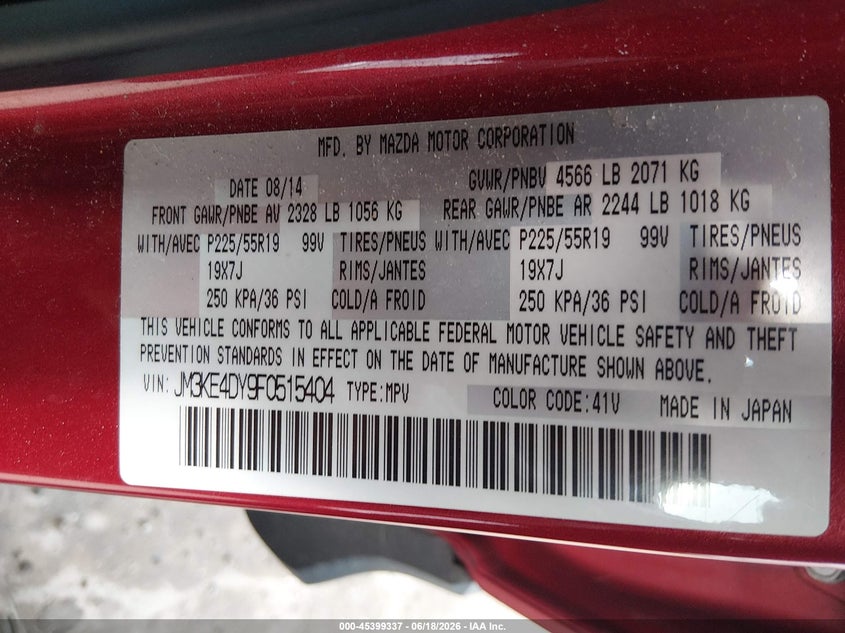 2015 Mazda Cx-5 VIN JM3KE4DY9F0515404 IAAI salvage auction — LEFT FRONT, Salvage (Ohio), sold $2,950 on 2026-07-14 (photo 9)