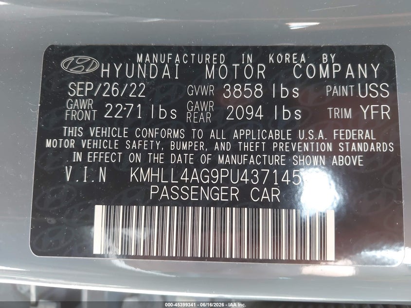 2023 Hyundai Elantra VIN KMHLL4AG9PU437145 IAAI salvage auction — FRONT END, Salvage (Pennsylvania), sold $3,800 on 2026-07-14 (photo 9)