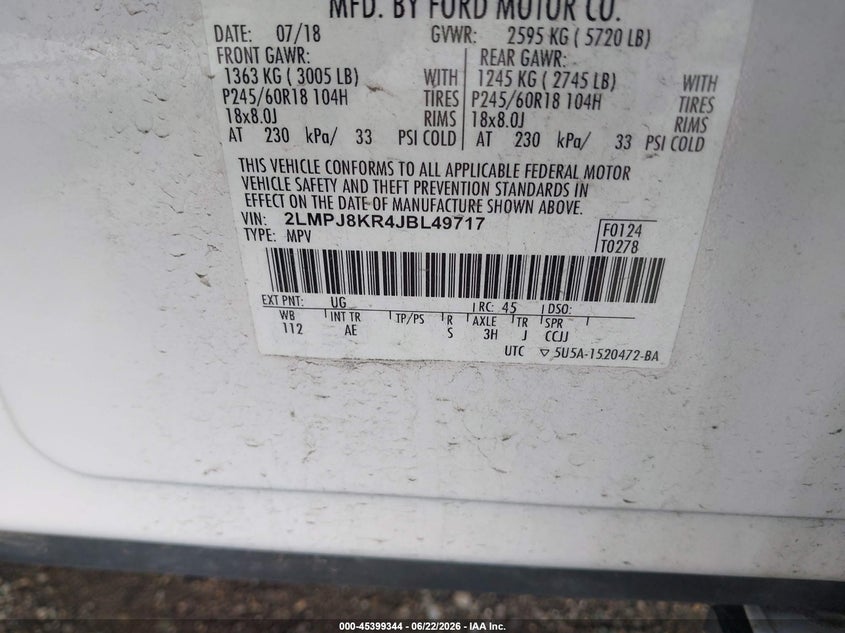 2018 Lincoln Mkx VIN 2LMPJ8KR4JBL49717 IAAI salvage auction — FRONT & REAR, Salvage Title, sold $5,700 on 2026-09-10 (photo 9)