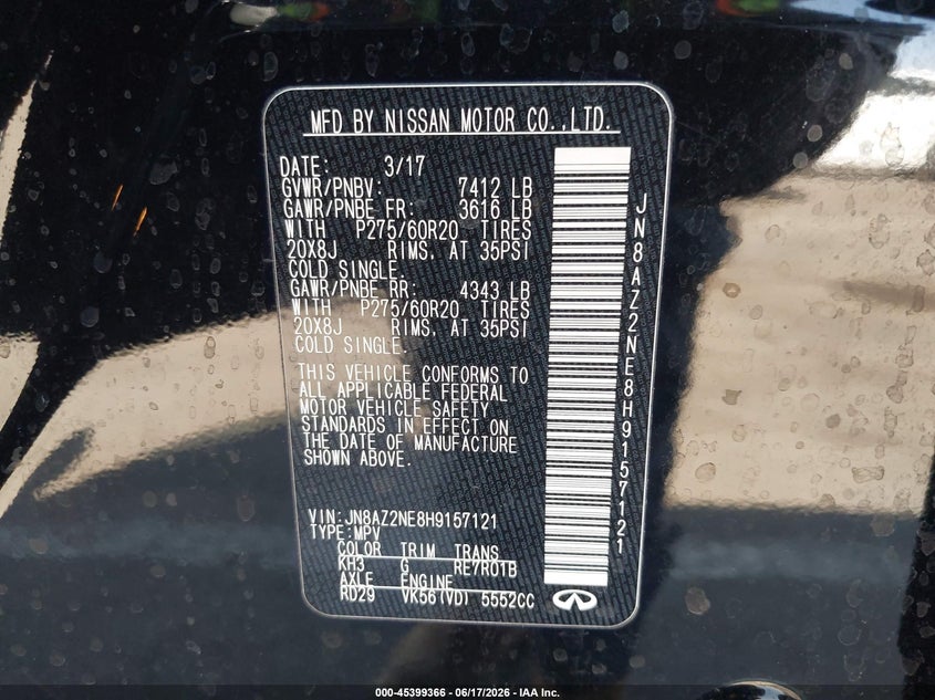 2017 Infiniti Qx80 VIN JN8AZ2NE8H9157121 IAAI salvage auction — RIGHT FRONT, Salvage (Arizona), sold $5,450 on 2026-07-14 (photo 9)
