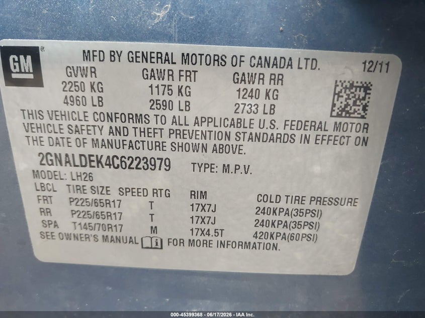 2012 Chevrolet Equinox VIN 2GNALDEK4C6223979 IAAI salvage auction — RIGHT FRONT, Clear (Illinois), sold $125 on 2026-07-09 (photo 9)
