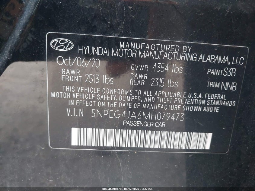2021 Hyundai Sonata VIN 5NPEG4JA6MH079473 IAAI salvage auction — LEFT FRONT, Salvage (Pennsylvania), sold $2,850 on 2026-07-24 (photo 9)