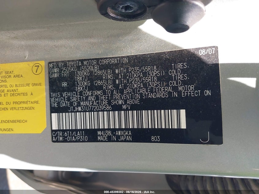 2007 Lexus Rx 400h VIN JTJHW31U772039586 IAAI salvage auction — LEFT SIDE, Salvage Certificate (California), sold $1,050 on 2026-07-10 (photo 9)