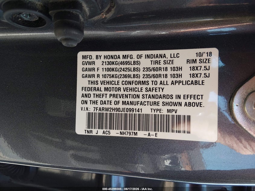 2018 Honda Cr-v VIN 7FARW2H90JE099141 IAAI salvage auction — FRONT END, Salvage (Utah), sold $7,900 on 2026-07-30 (photo 9)